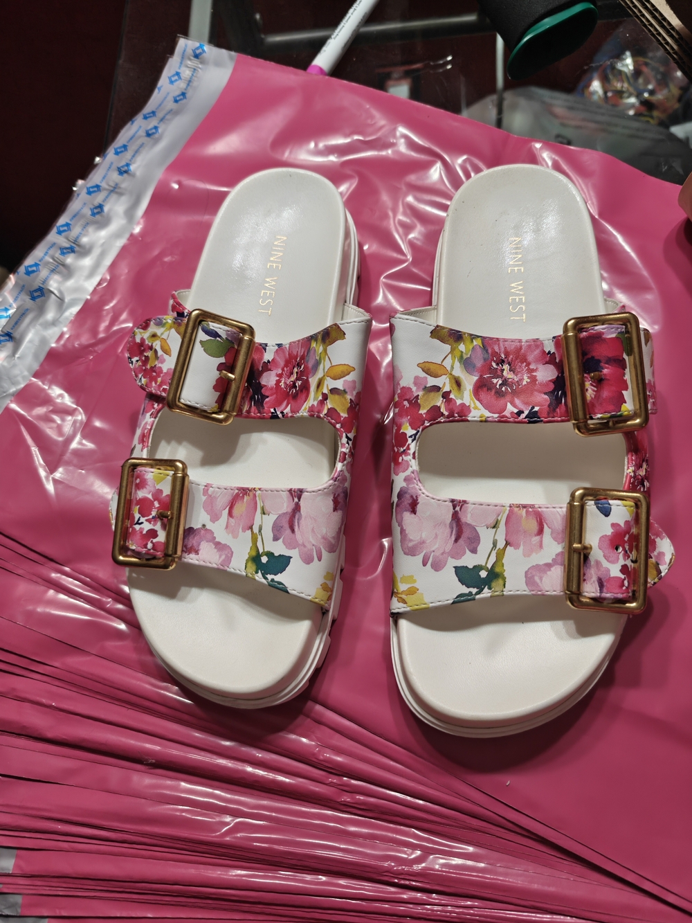 Nine West Women's White Floral Double-Buckle Slide Sandals